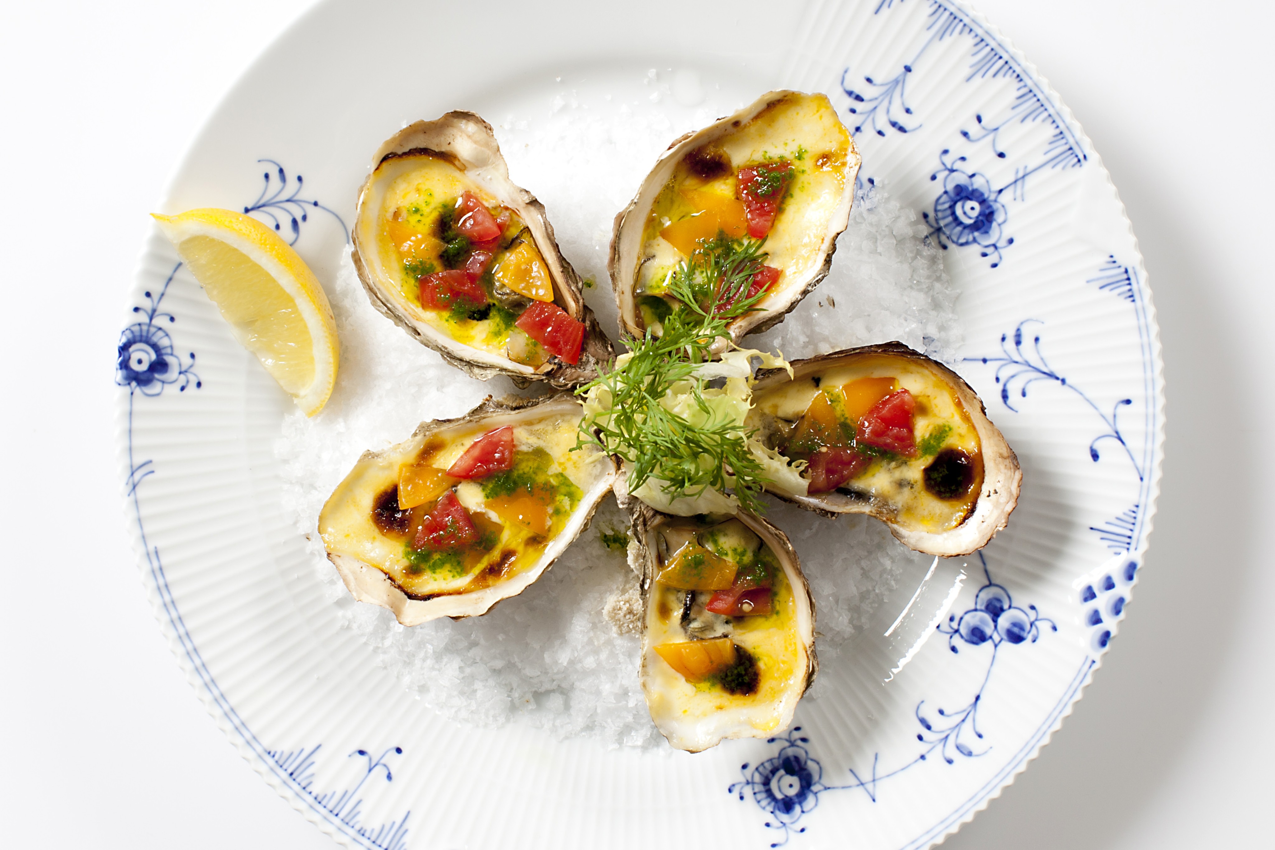 Gratineret østers i hollandaise sauce med krydderurter